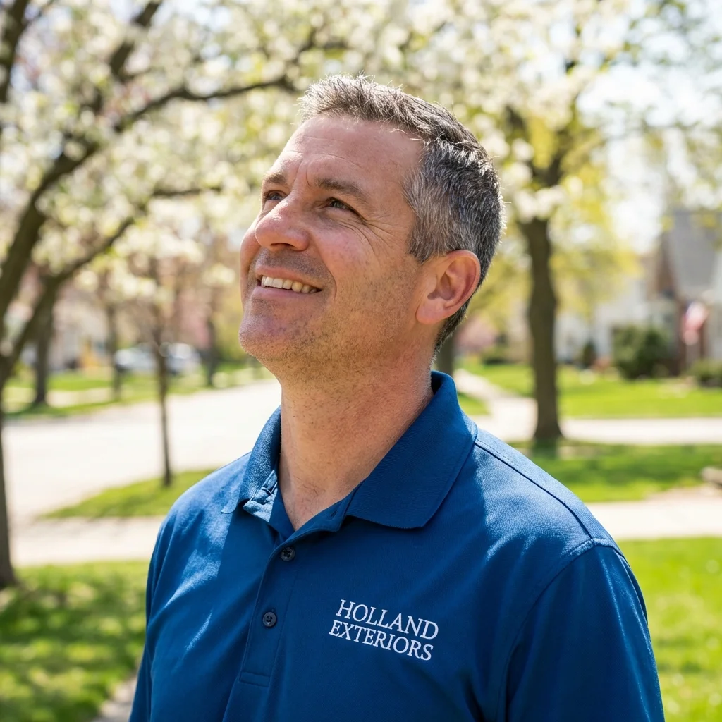 Holland Exteriors roofer looking up at your roof
